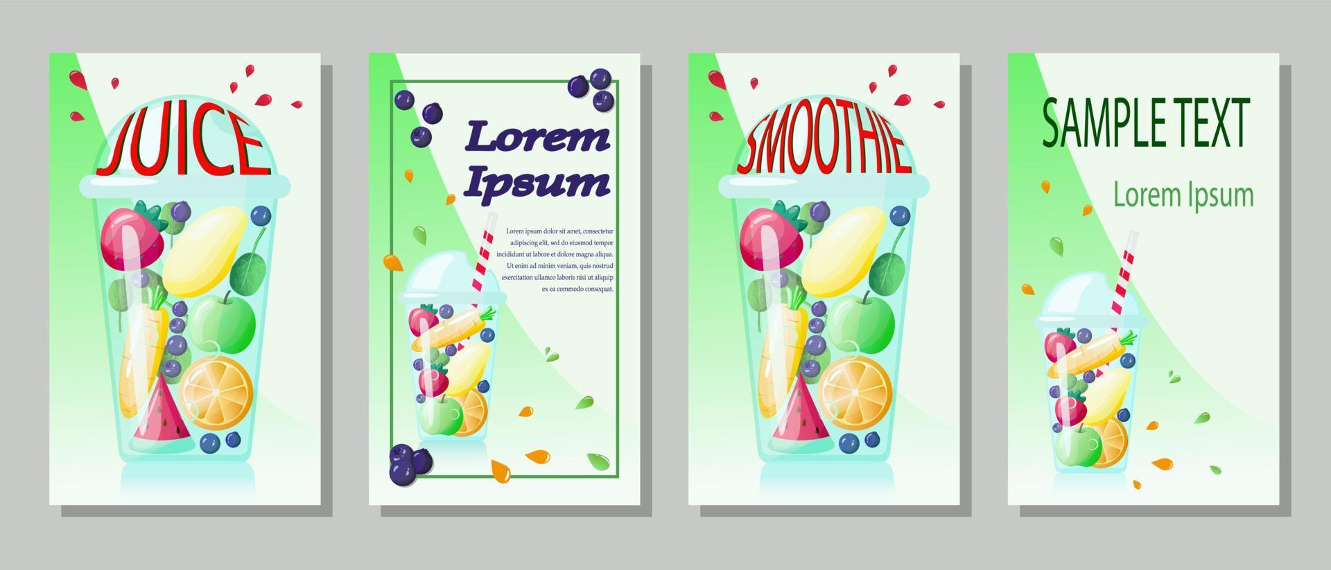 Set of flyers for juice bar, vegan restaurant, smoothie cafe, beach bar, farm produce store, organic vegetables and fruits. vector