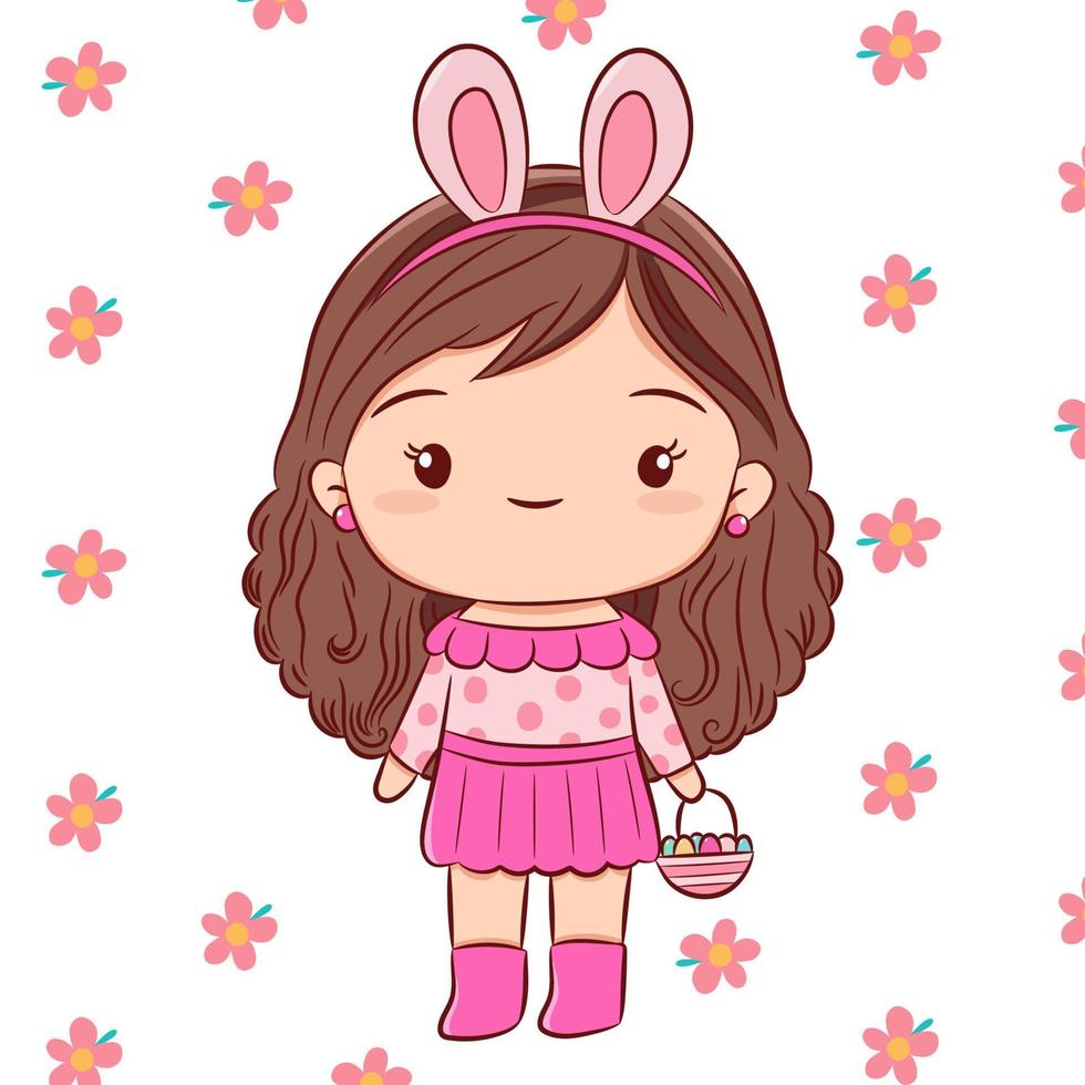 Vector spring illustration of cute girl holding easter eggs basket in flower background, Spring hand drawn sketch style card template.