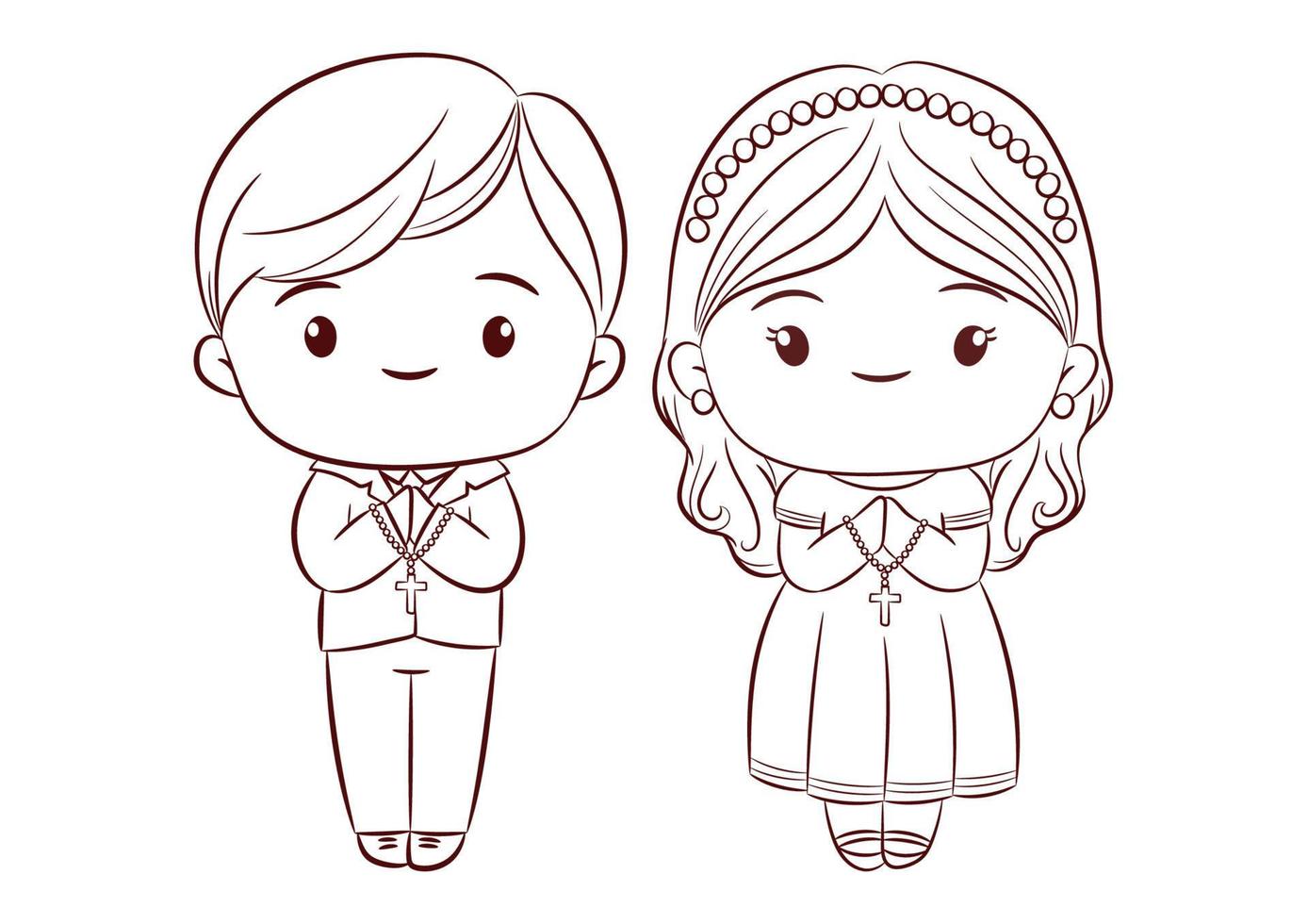 First communion concept with cute boy and girl praying and standing together doodle style on white background vector. vector