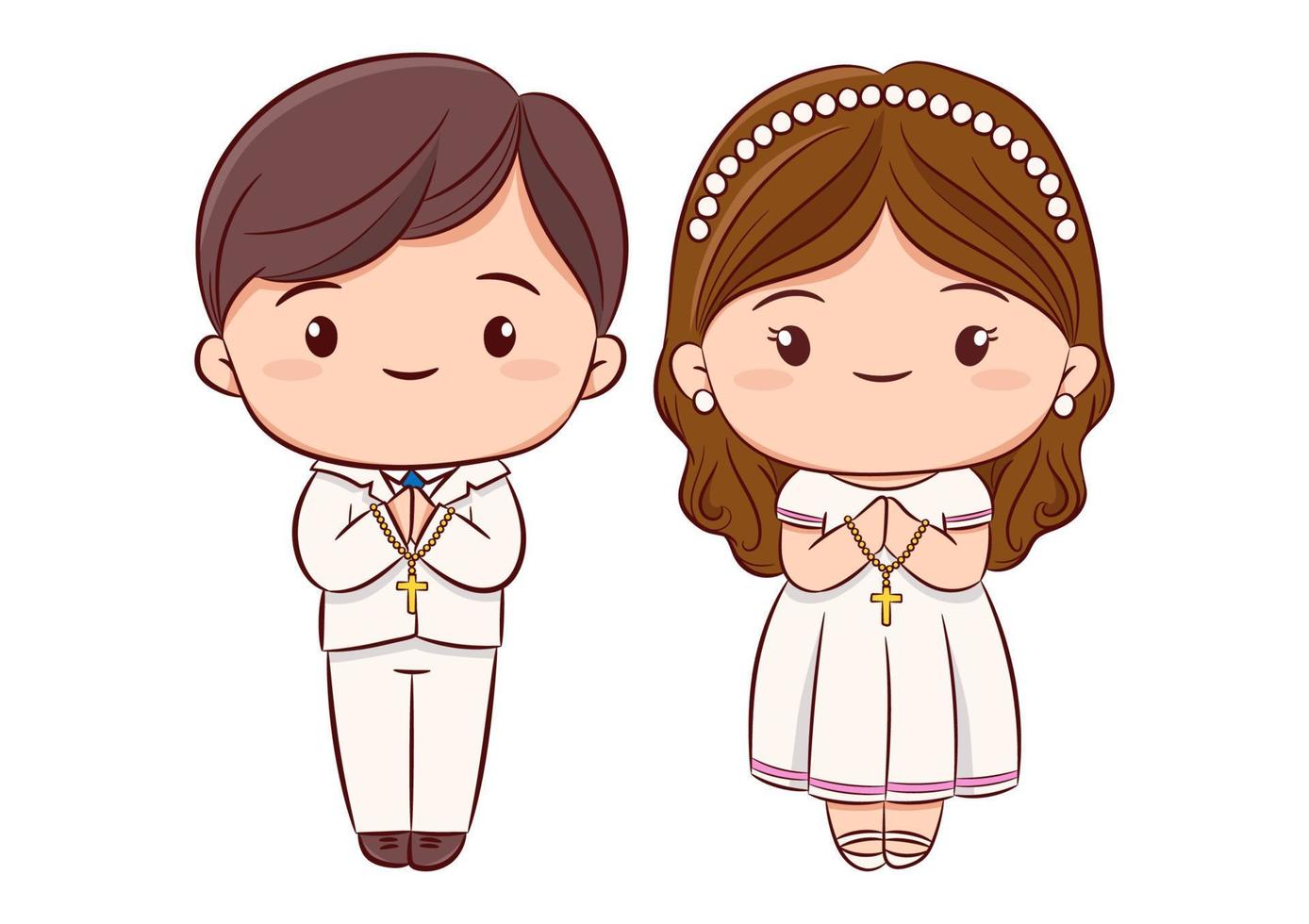 First communion concept with cute boy and girl praying and standing together hand drawn sketch style on white background vector. vector