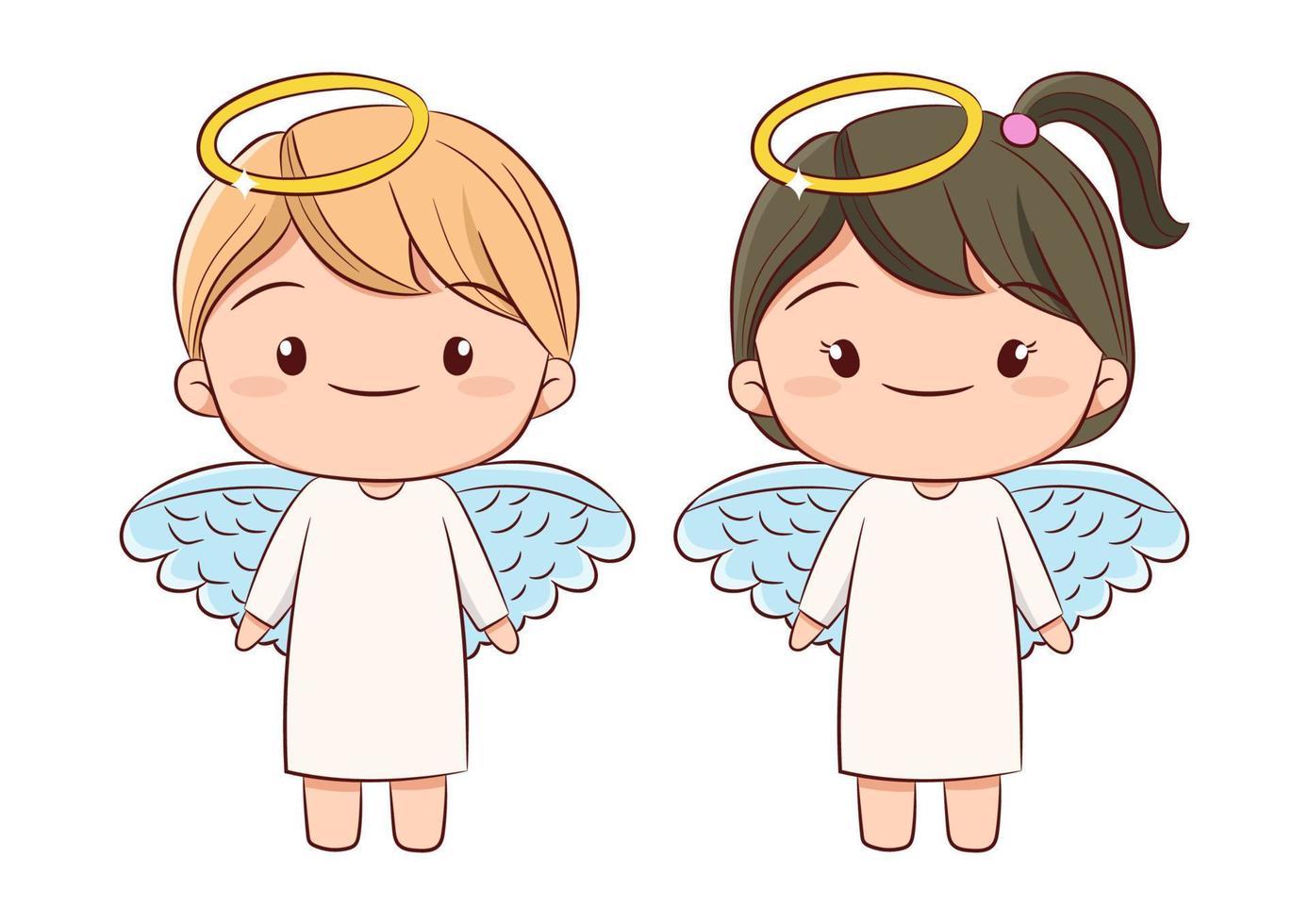 Cute angel boy and girl standing together hand drawn sketch style on white background vector. vector