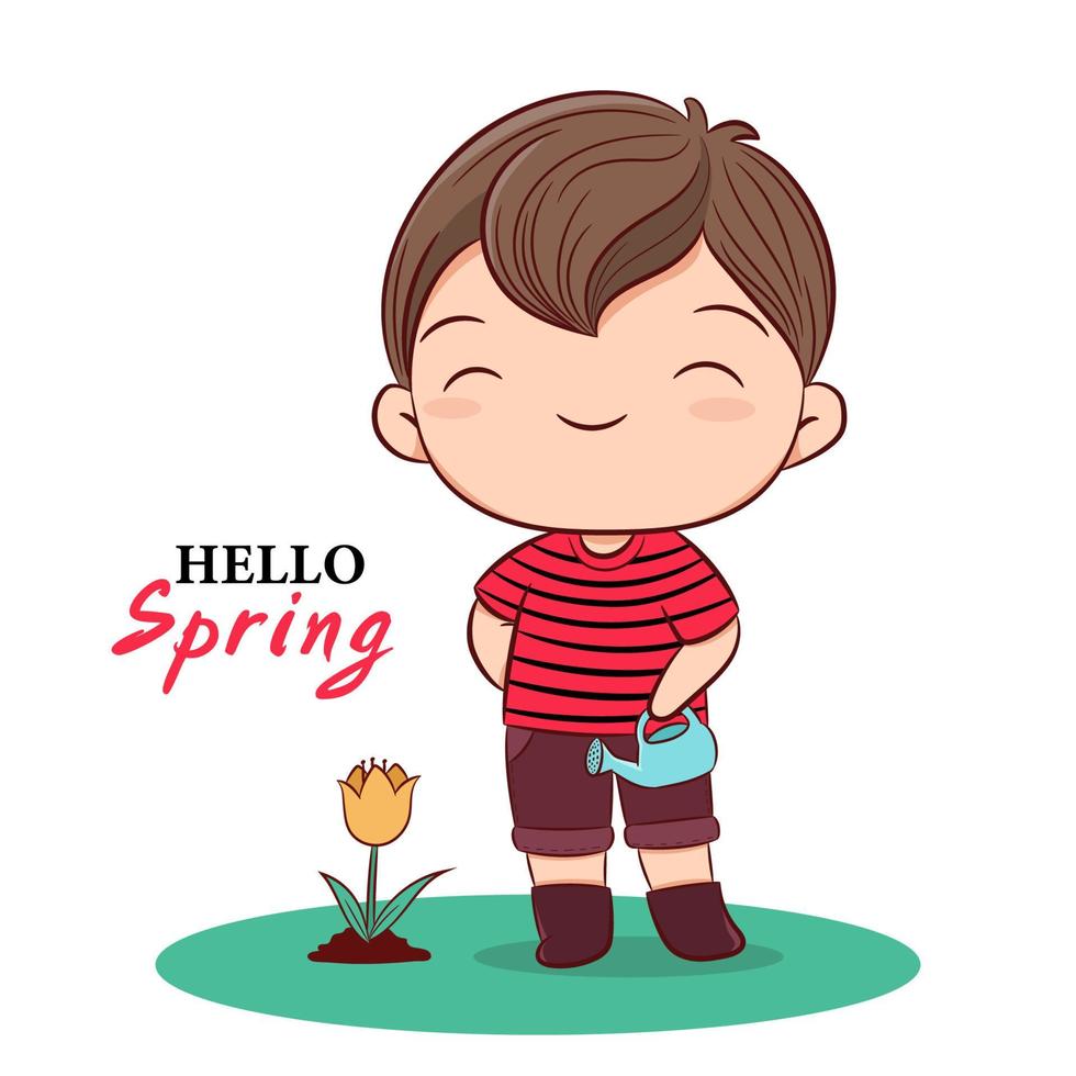 Vector spring illustration of cute boy holding watering can and plant a Tulip flower, Spring hand drawn sketch style card template.