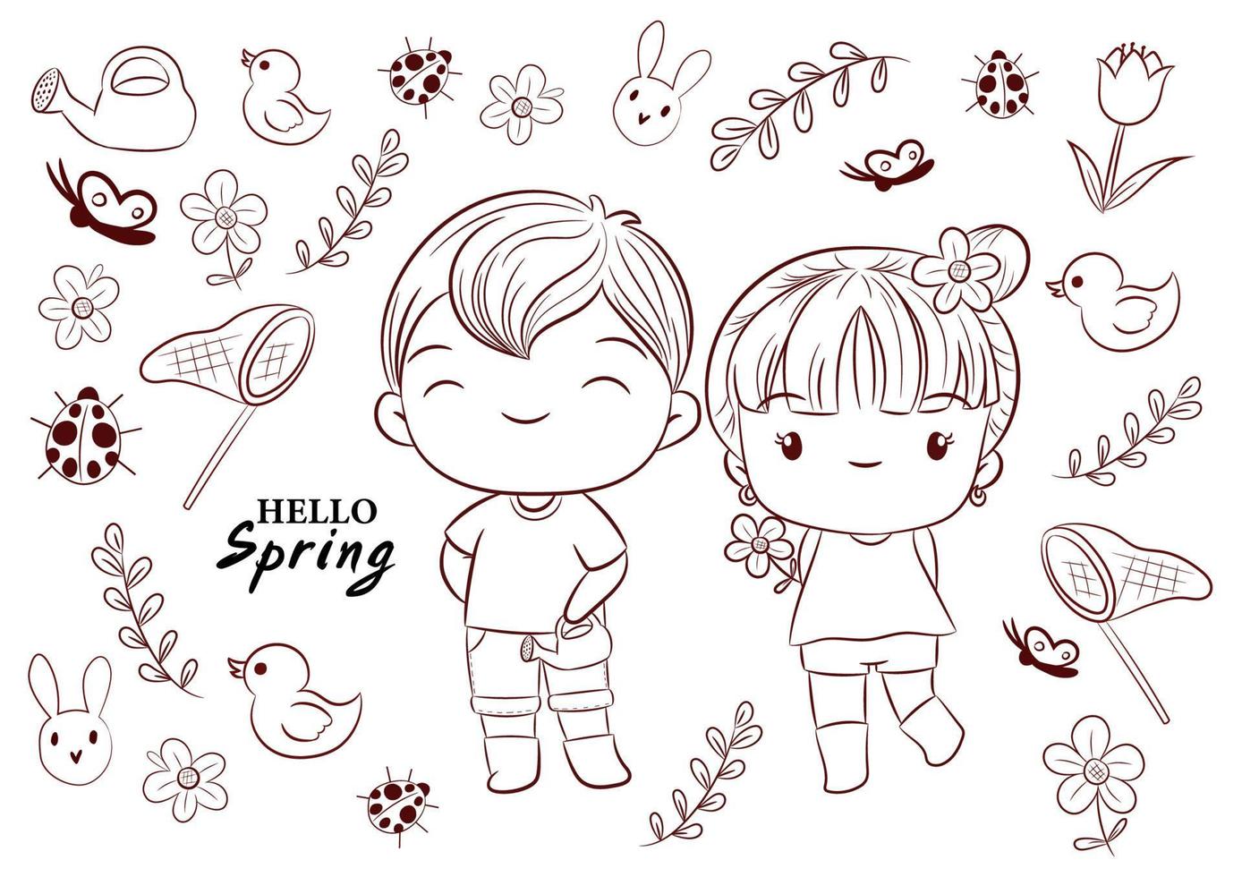 Spring elements in cute doodle cartoon style vector illustration