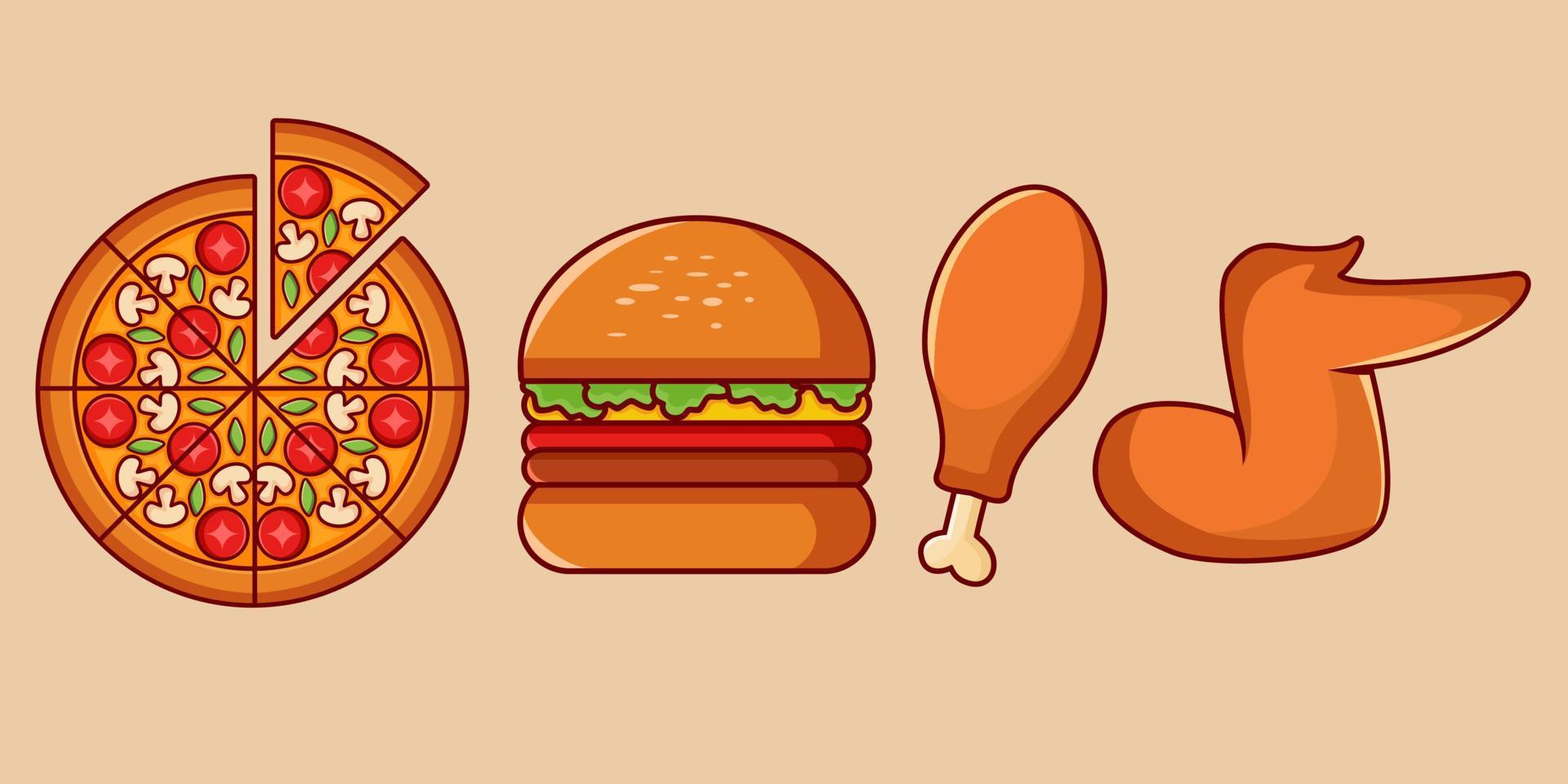 vector illustration of food, pizza, burger, fried chicken
