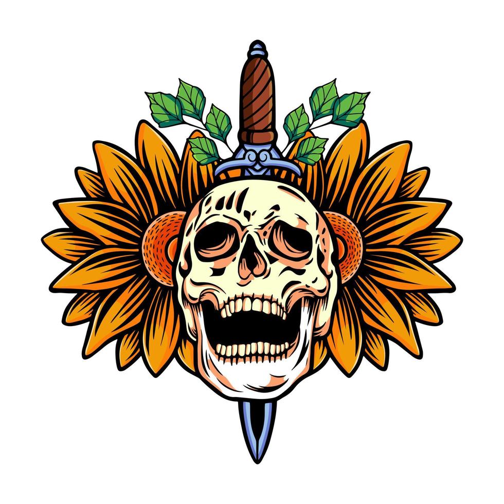 flower skull and sword art vector
