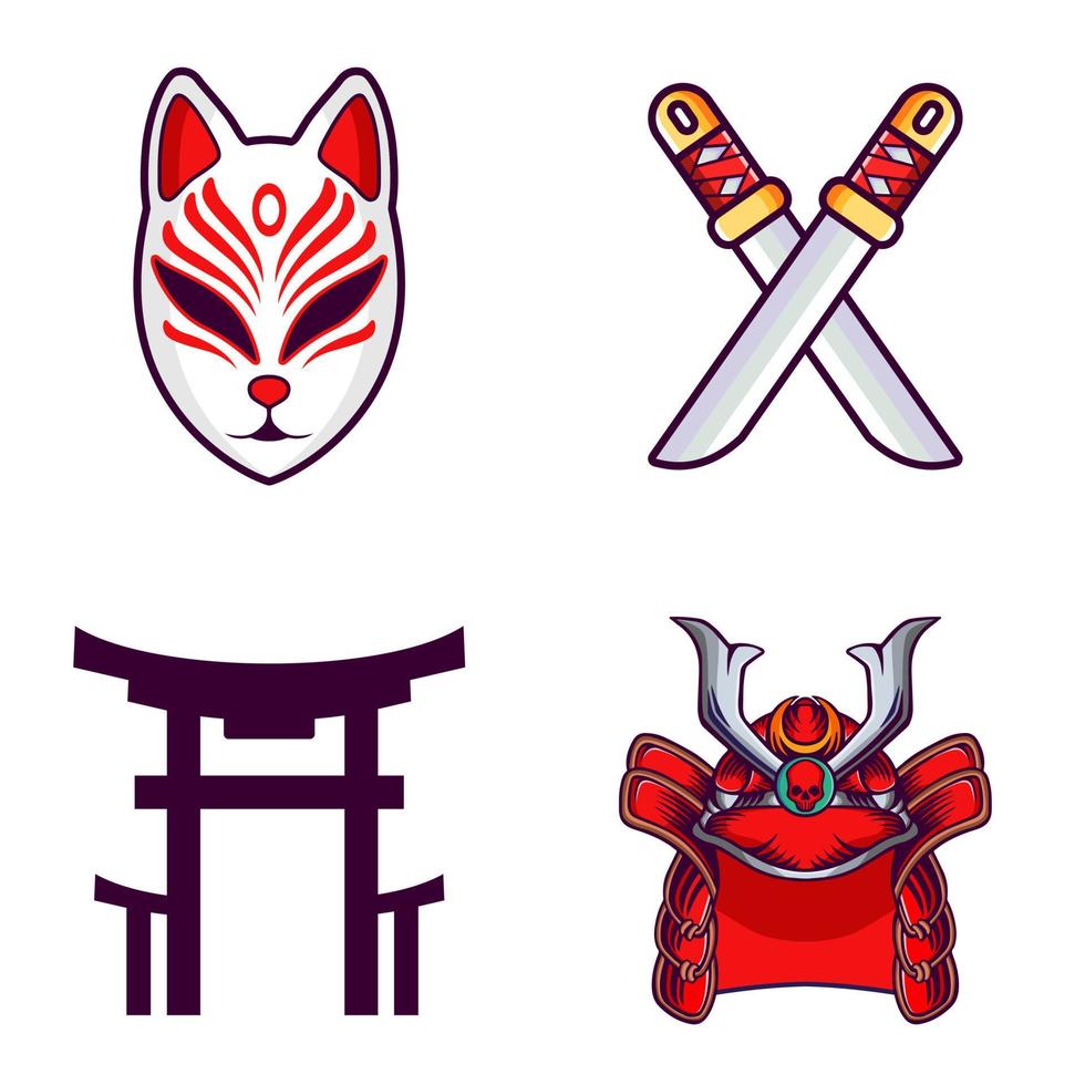 illustration of Japanese mask, katana, monument and samurai helmet vector