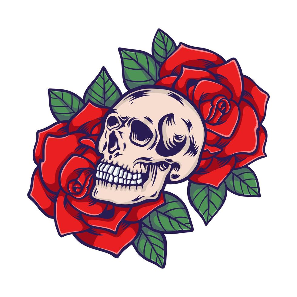 vector skull illustration with red rose vector