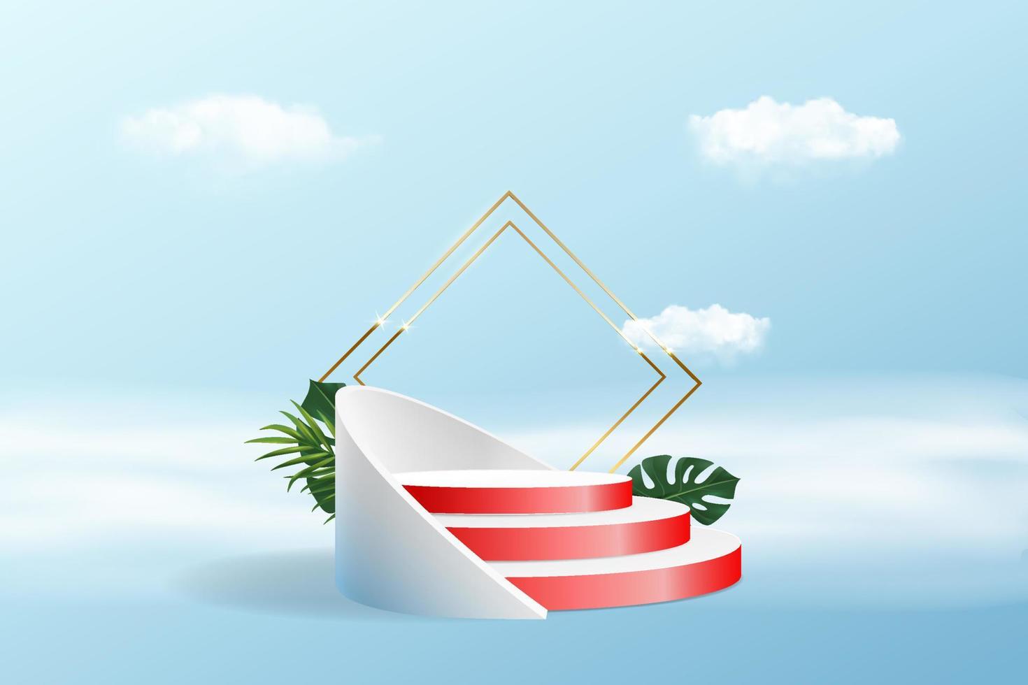 Podium scene with geometric shape platform on background sky and clouds stage studio product vector