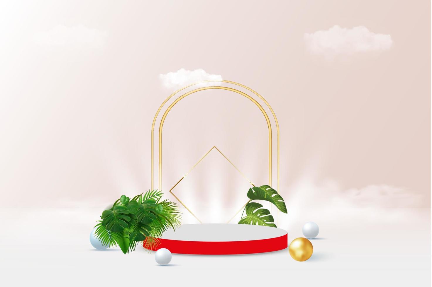 3d render of abstract pedestal podium display with tropical leaves and golden pastel plant scene. vector