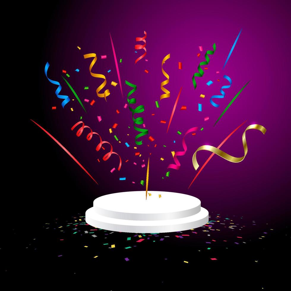 Celebration confetti with podium platform, colorful confetti transparent background vector