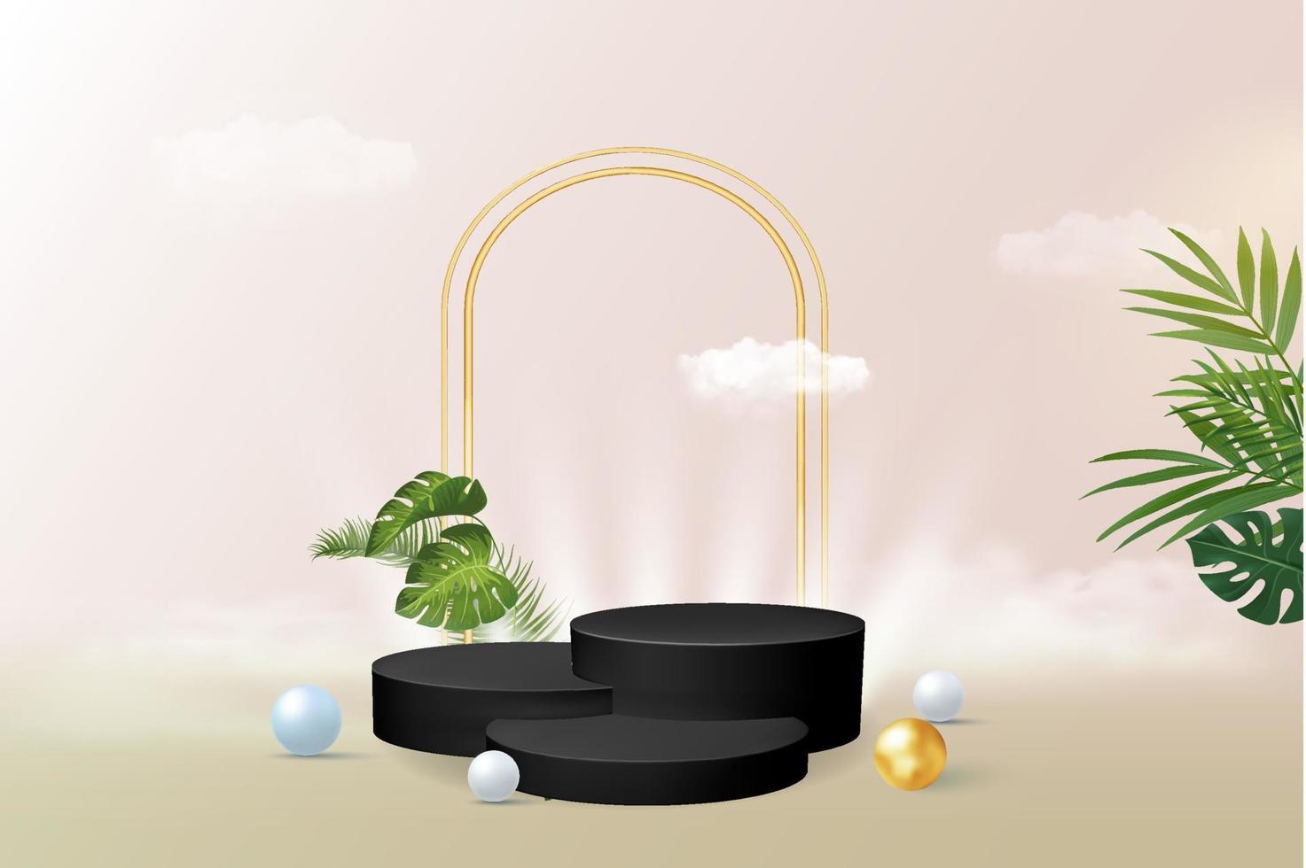 Realistic black product podium with a golden round arch and clouds vector