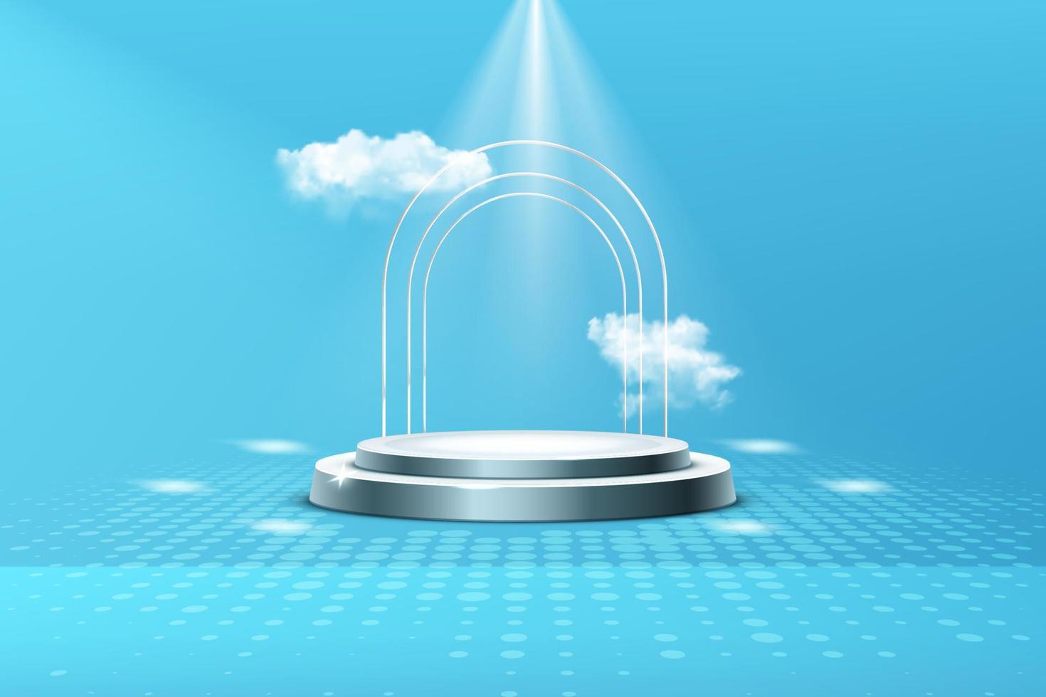 Podium with clouds and gold arch, abstract background with an empty cylindrical stage for the award ceremony vector