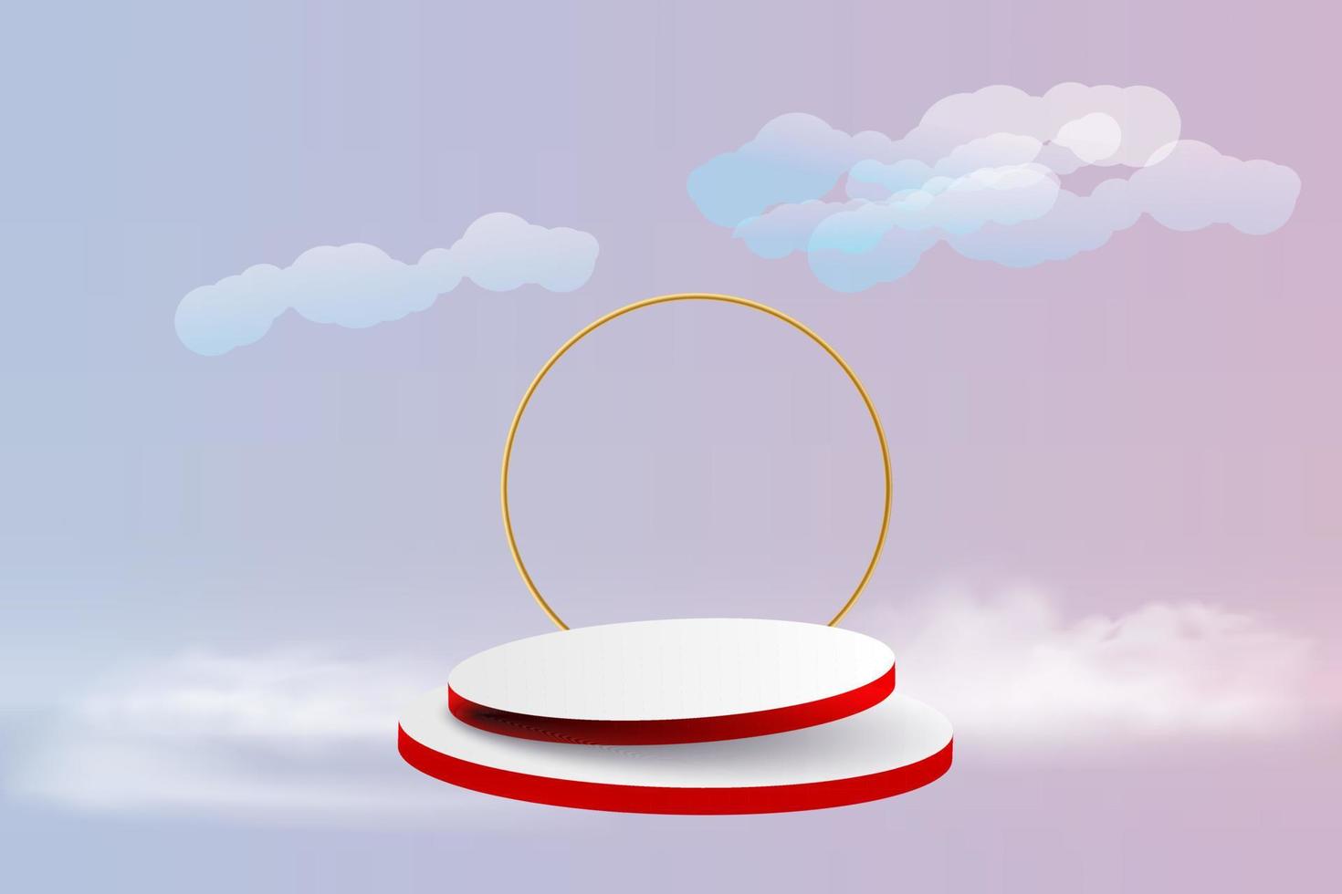 Realistic blue product podium with a golden round arch and clouds vector