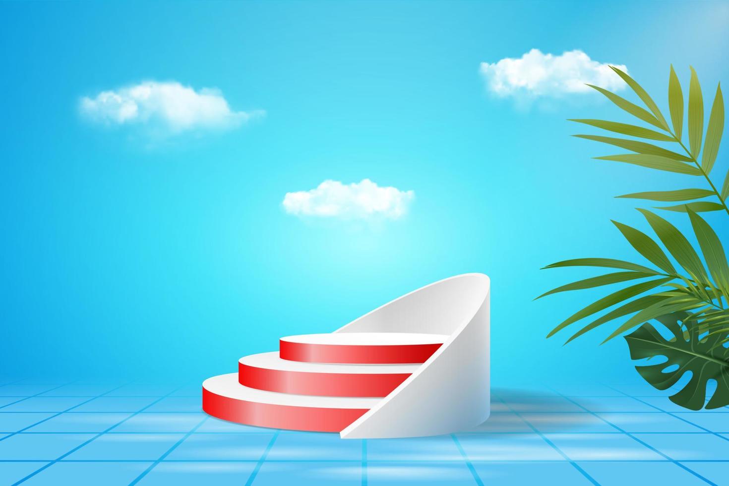 Product display podium decorated with realistic cloud and gold frame on pastel background vector