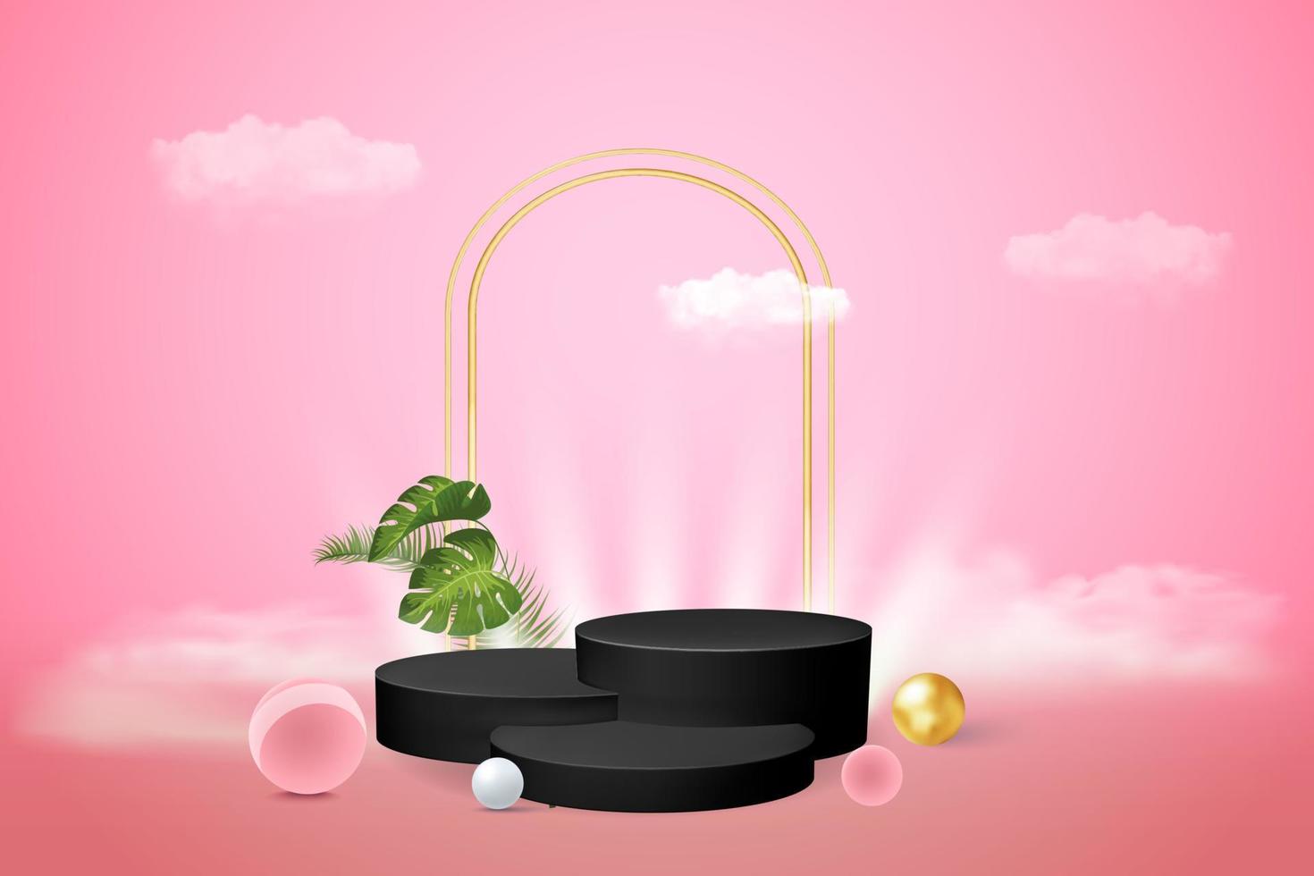3d render of abstract pedestal podium display with tropical leaves and pink pastel plant scene. vector