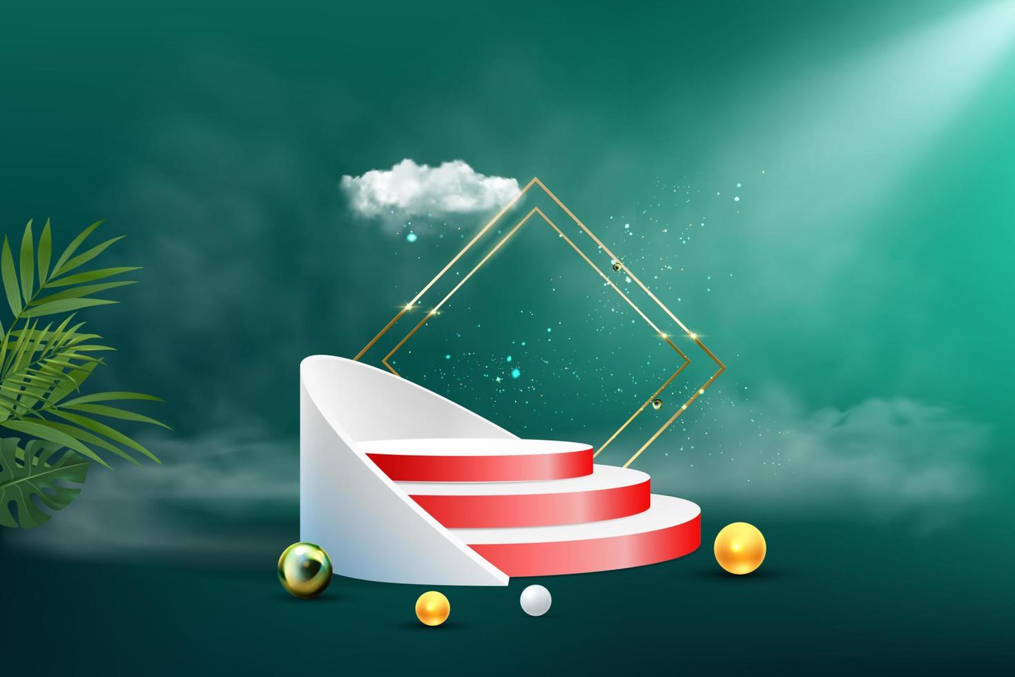 Podium scene with geometric shape platform on background sky and clouds stage studio product vector