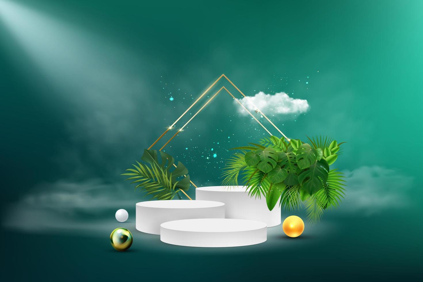 Podium with clouds and gold arch, abstract background with an empty cylindrical stage for the award ceremony vector