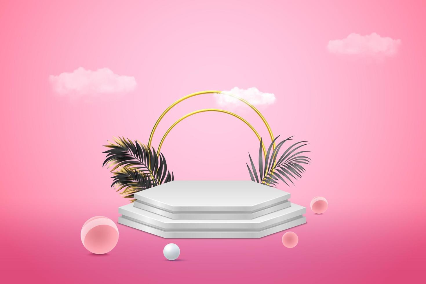 3d render of abstract pedestal podium display with tropical leaves and pink pastel plant scene. vector