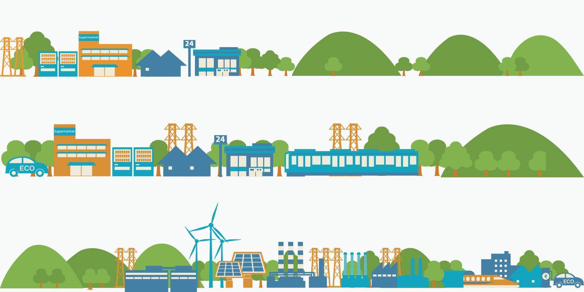 city house with windmill landscape and  energy source renewable station concept modern cityscape vector