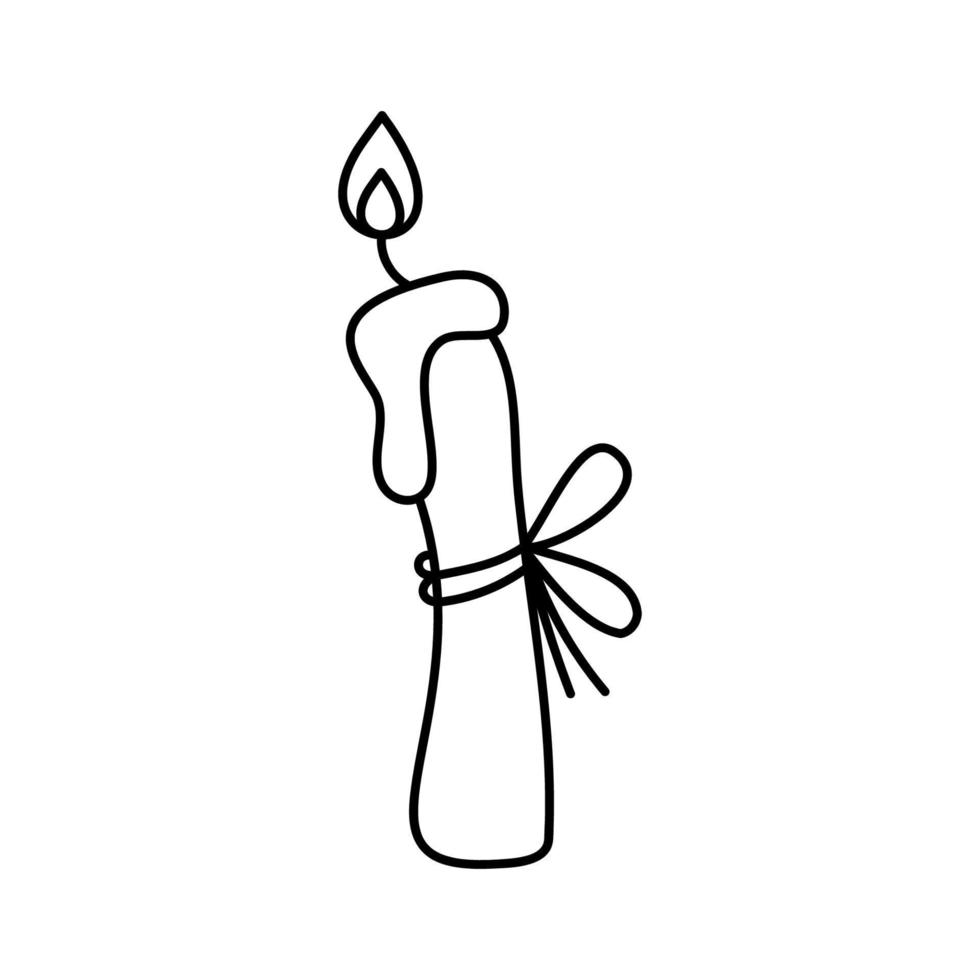 Glowing candle with ribbon. Doodle vector black and white illustration.