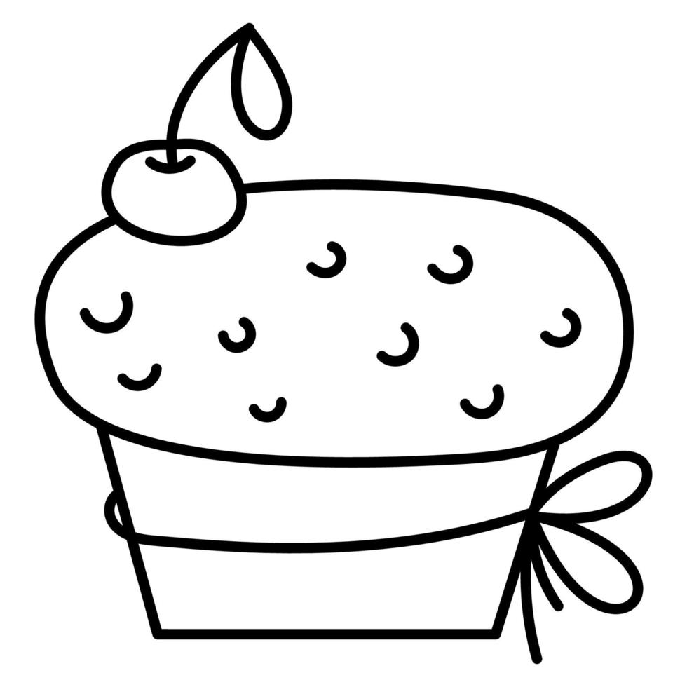 Cupcake with cherry. Doodle vector black and white illustration.