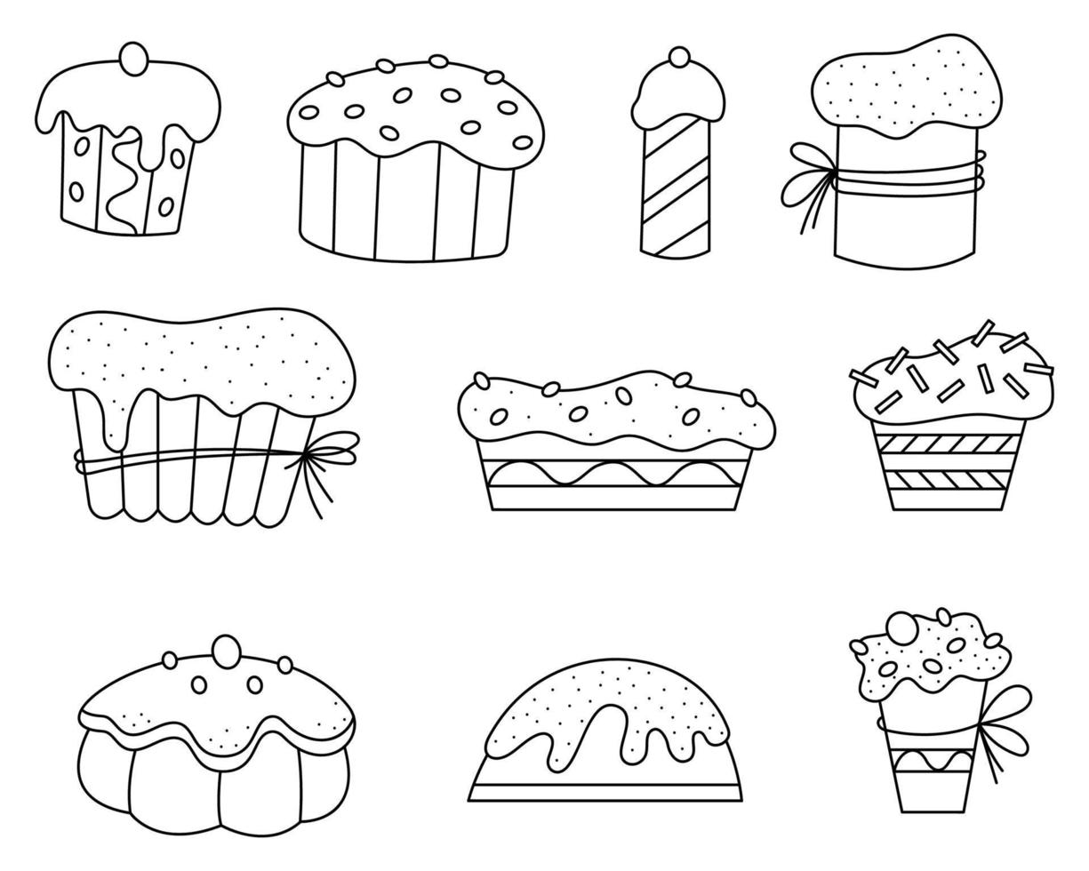 Doodle set of Easter cakes of different types. Black and white vector illustration.