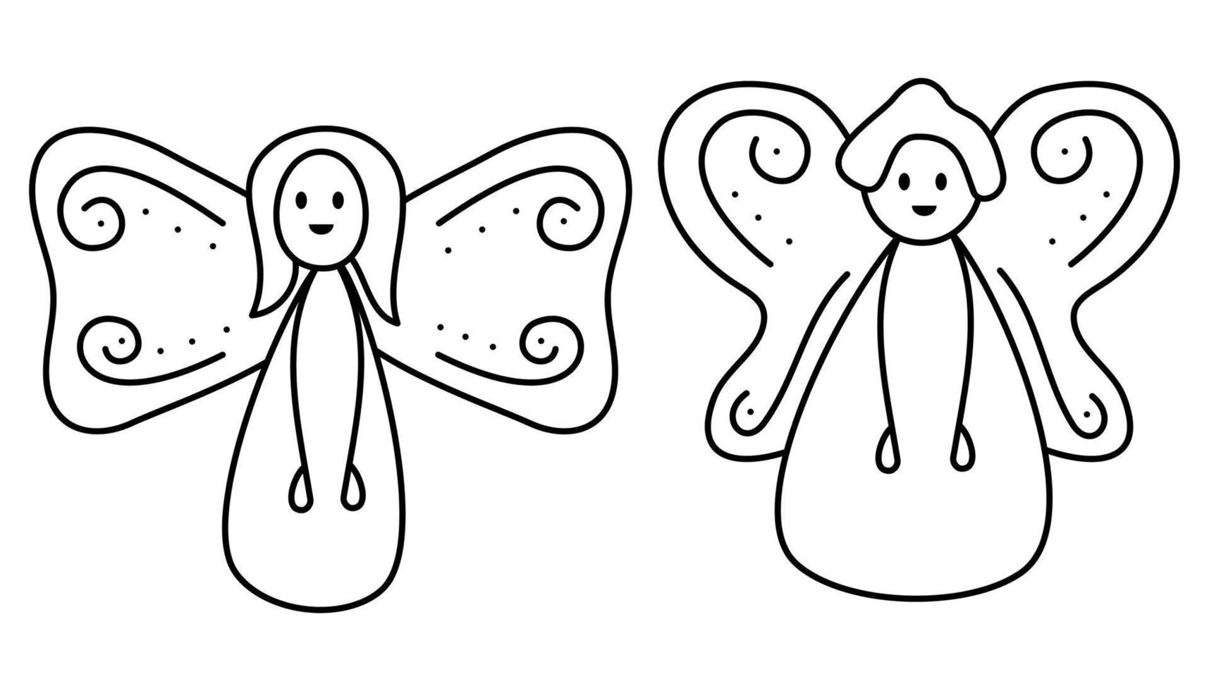 A small set of two angel figures. Doodle vector black and white illustration.