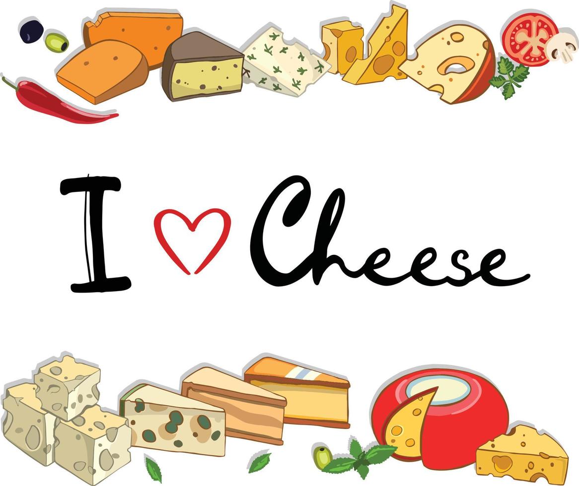 Cheese collection. hand drawn background with different types of cheese. vector