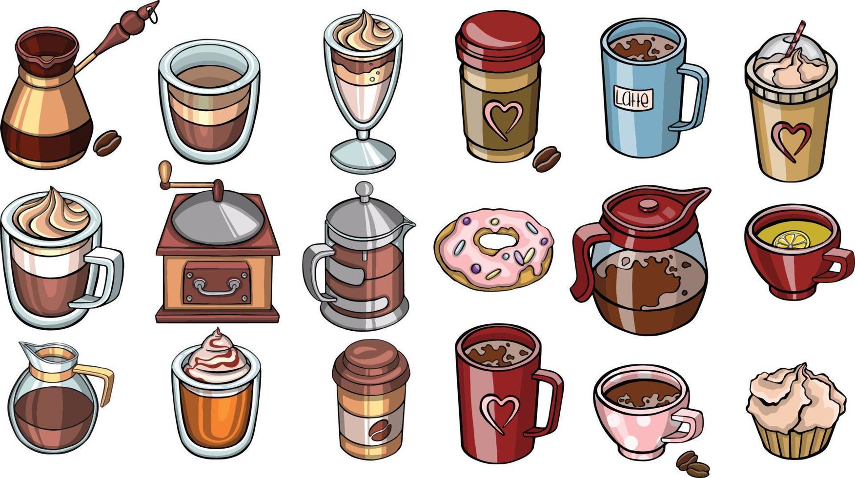 dulces y bebidas, vector colección de bocetos de café jarra y dulces, línea Arte y de colores.