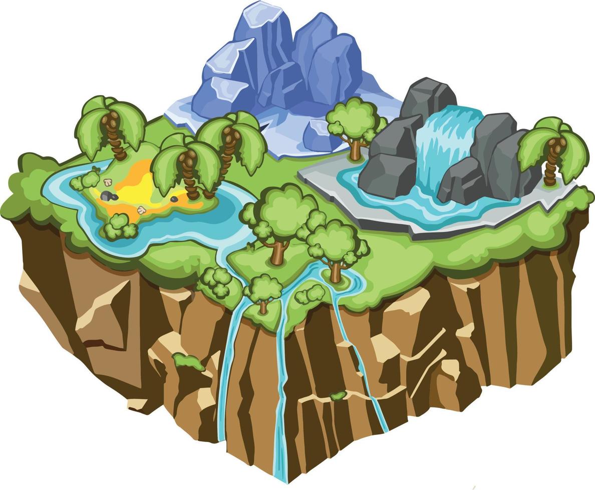 tropical natural paisaje isométrica juego plantilla, montañas, volcanes, cascadas vector ilustración