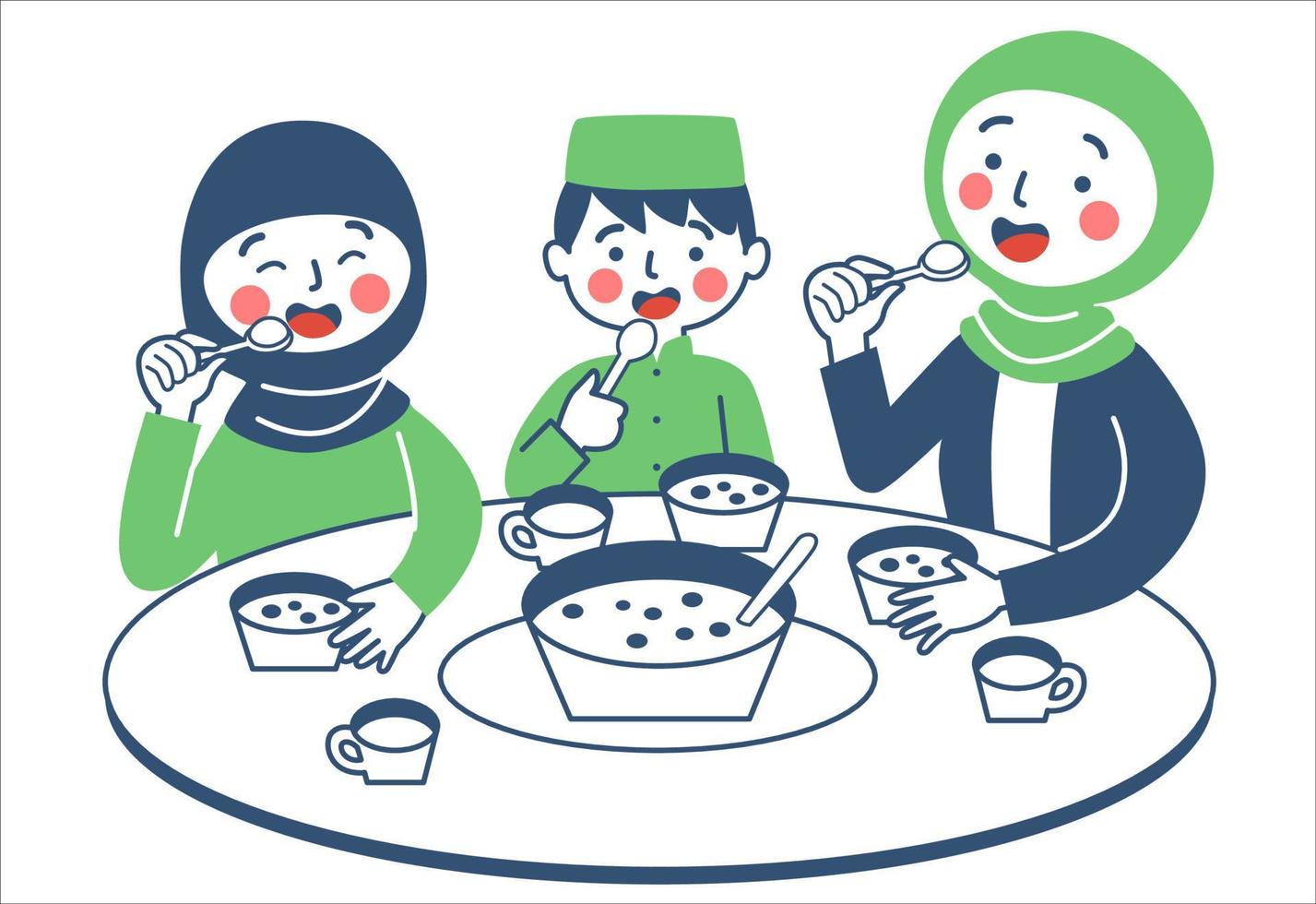 musulmán familia es comiendo juntos a el comida mesa vector