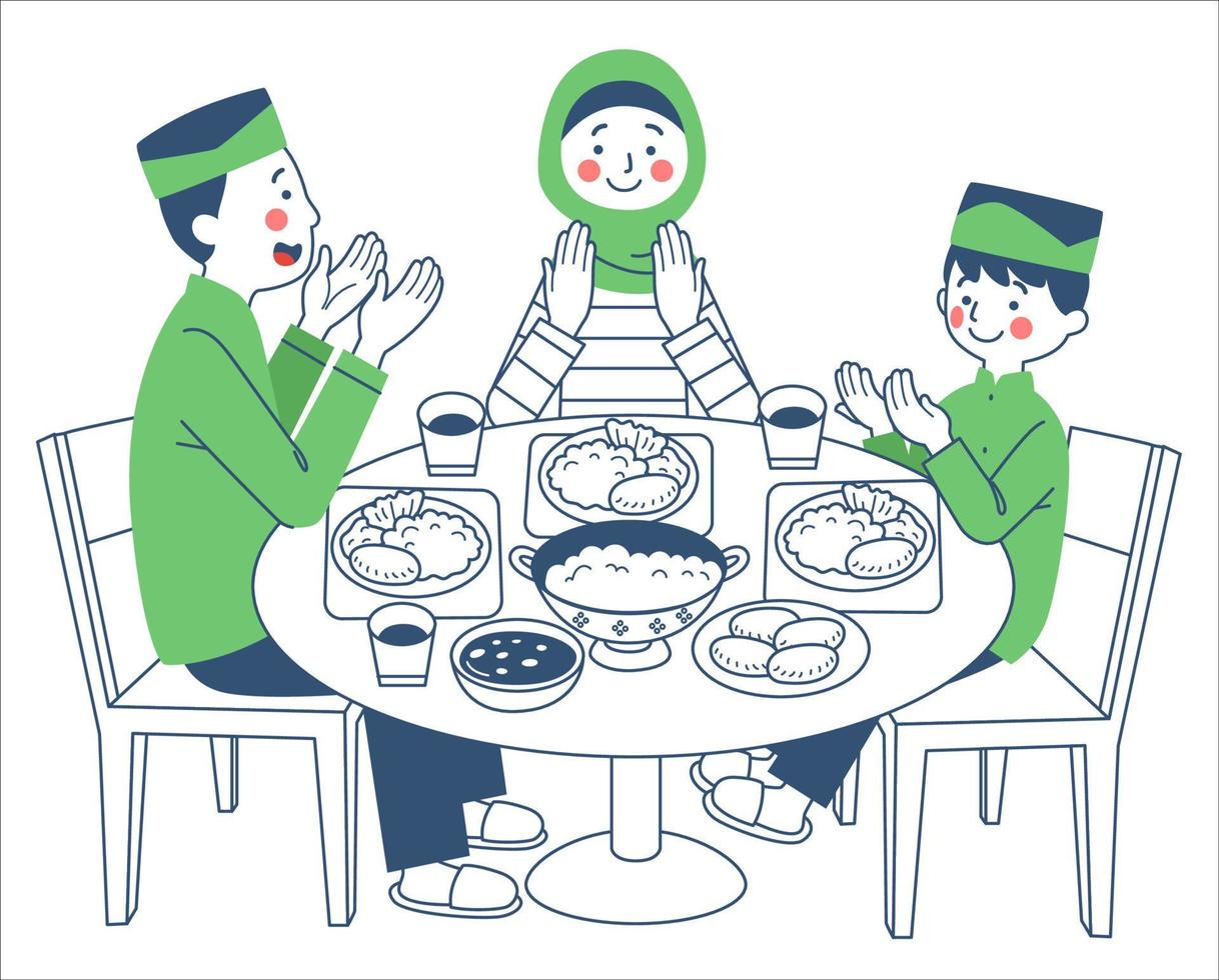 un musulmán familia es Orando antes de comiendo juntos a el comida mesa vector