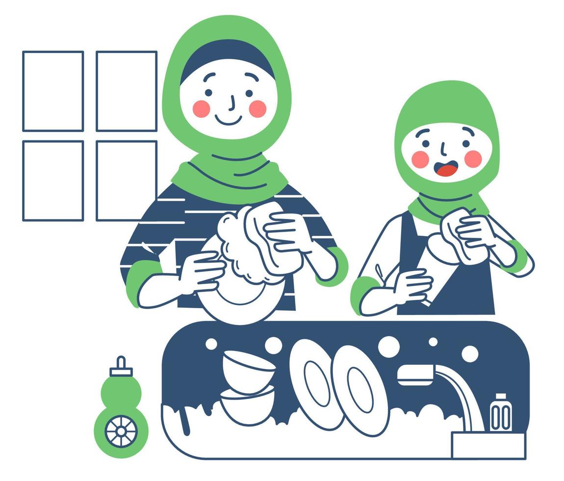 Moslem mom and daughter washing the dishes together vector