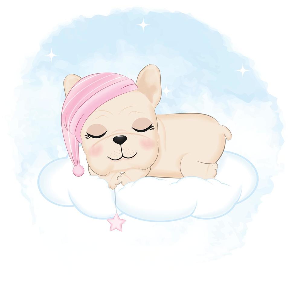 Cute French Bulldog sleeping on the cloud illustration vector