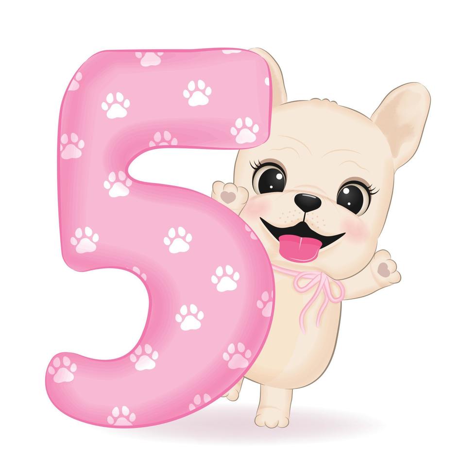 Cute French Bulldog and number 5 illustration vector