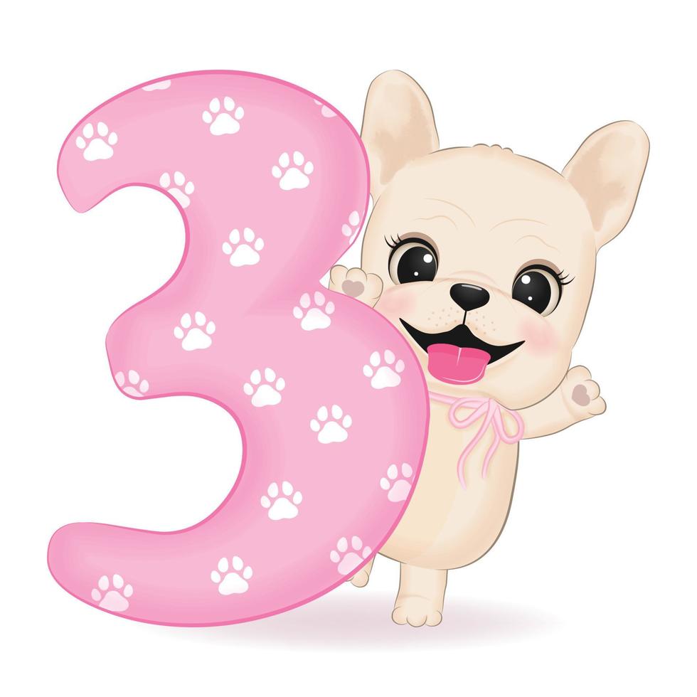 Cute French Bulldog and number 3 illustration vector