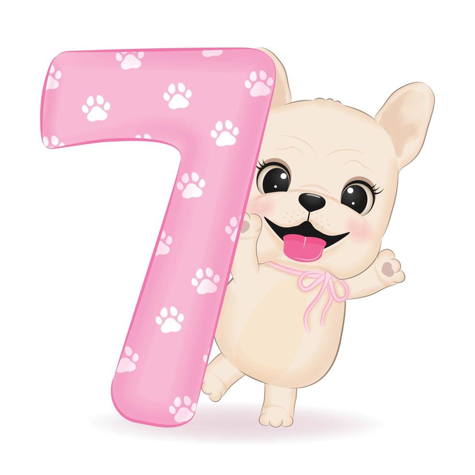 Cute French Bulldog and number 7 illustration vector