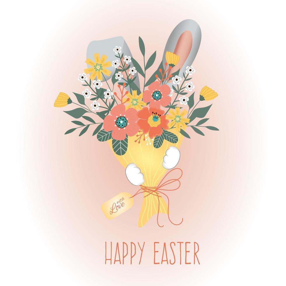 Happy easter. Bouquet  flowers with rabbit ears. vector