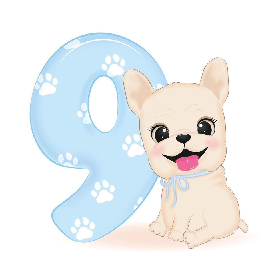 Cute French Bulldog and number 9 illustration vector