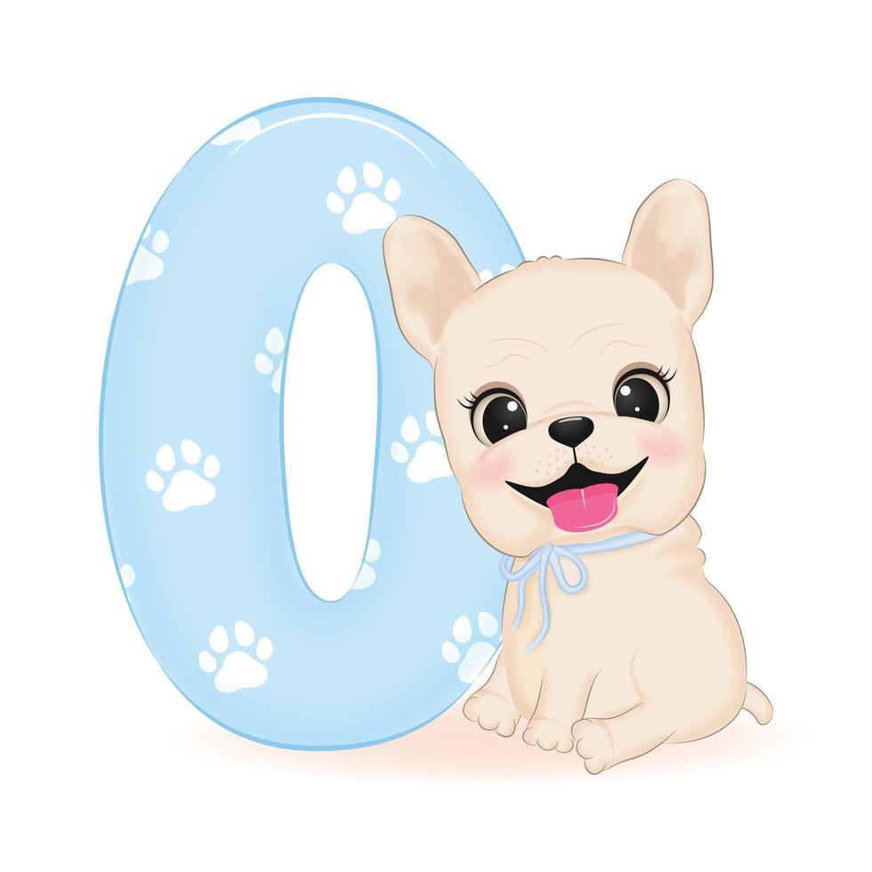 Cute French Bulldog and number 0 illustration vector