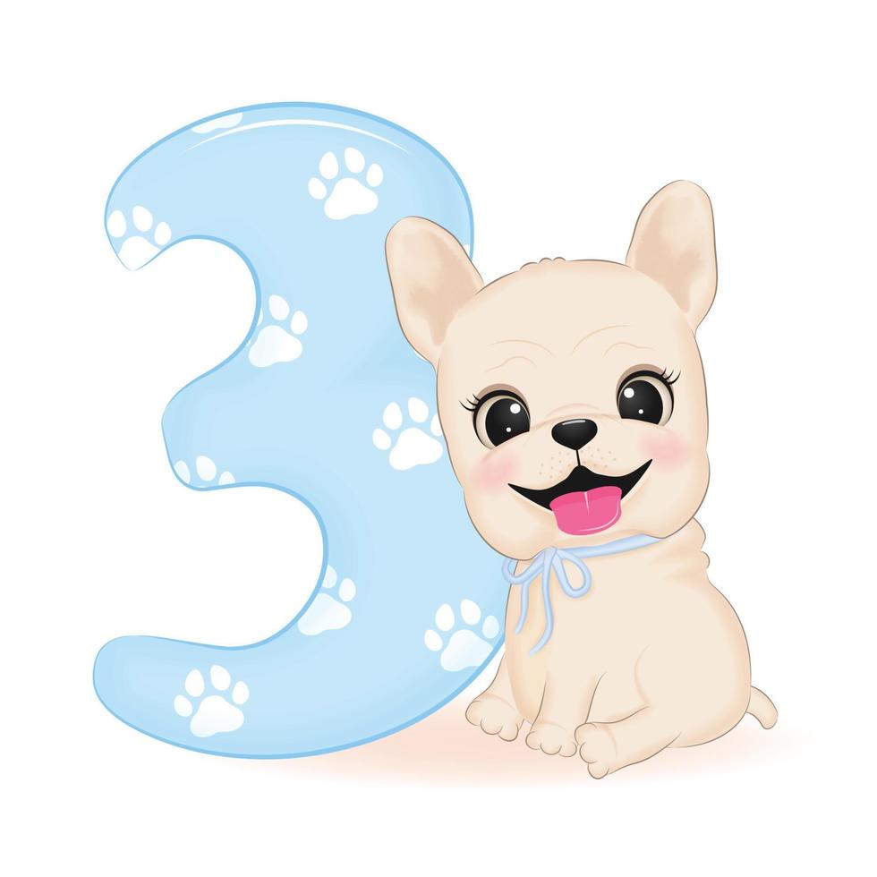 Cute French Bulldog and number 3 illustration vector