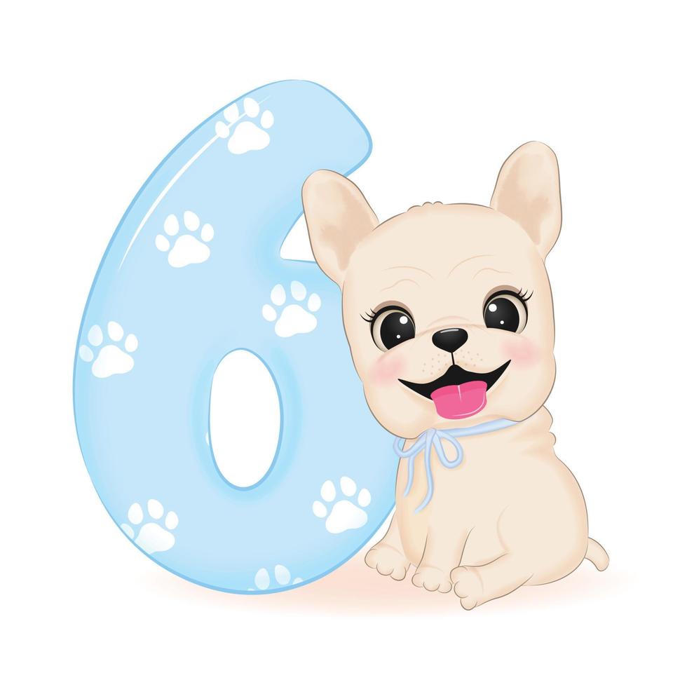 Cute French Bulldog and number 6 illustration vector