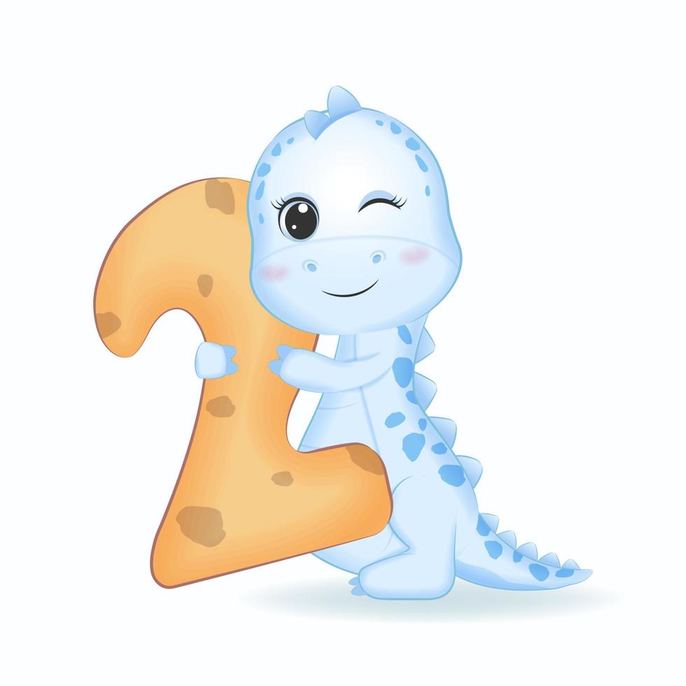 Cute Blue Dinosaur with number 2, cartoon illustration vector