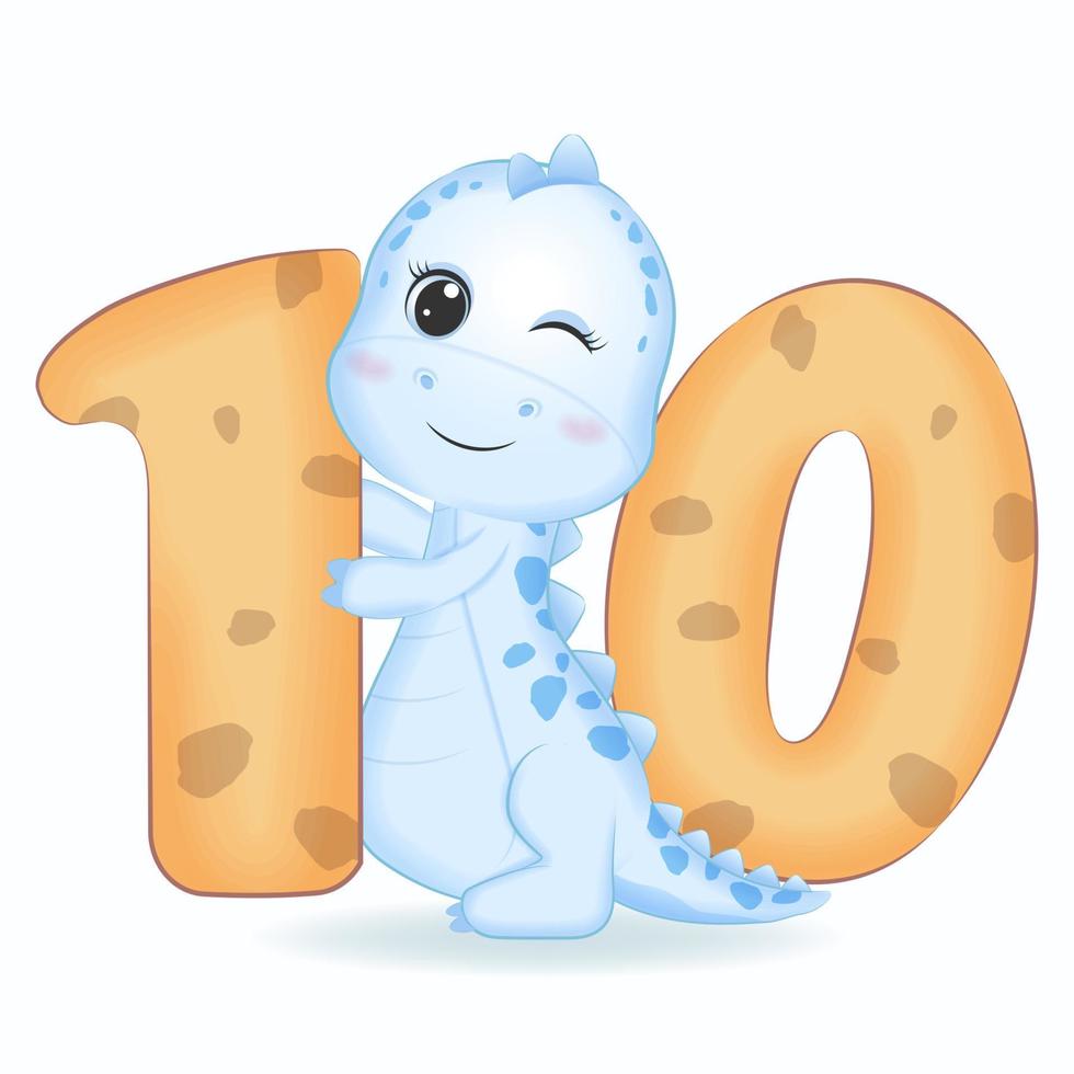 Cute Blue Dinosaur with number 10, cartoon illustration vector