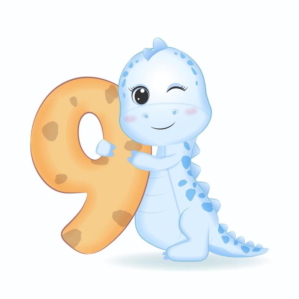 Cute Blue Dinosaur with number 9, cartoon illustration vector