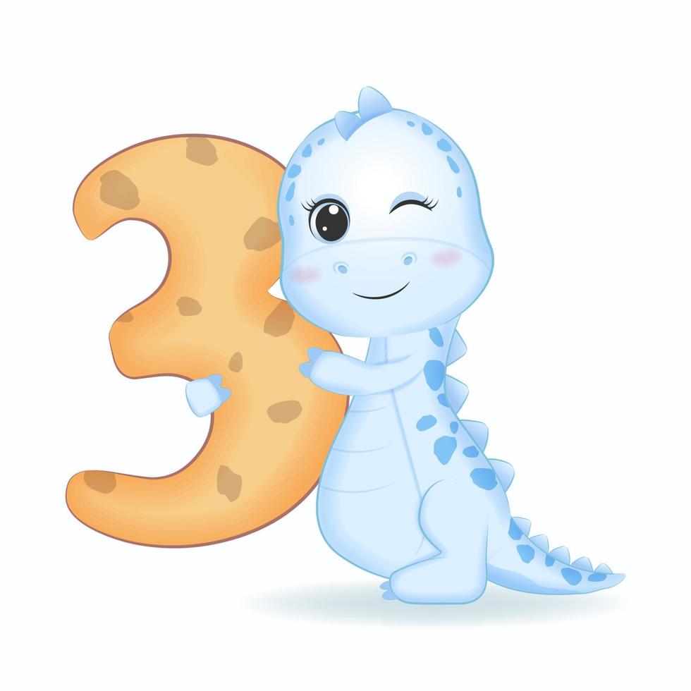 Cute Blue Dinosaur with number 3, cartoon illustration vector