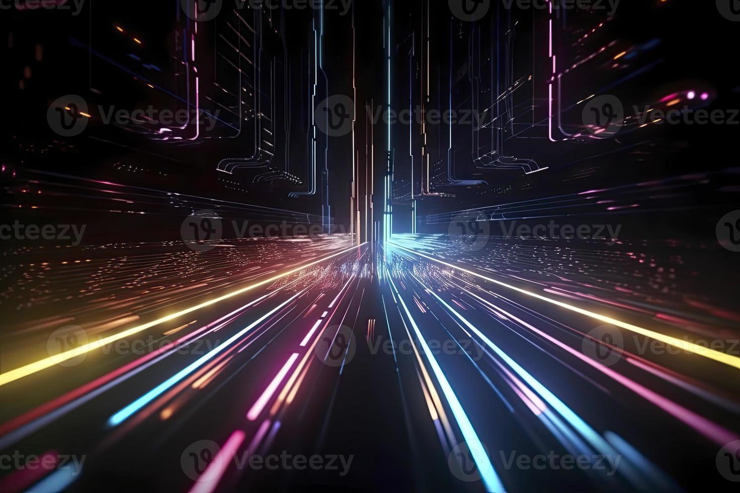 Speed of digital lights, neon glowing rays. Futuristic technology abstract background with lines for network, big data, data center, server, internet photo