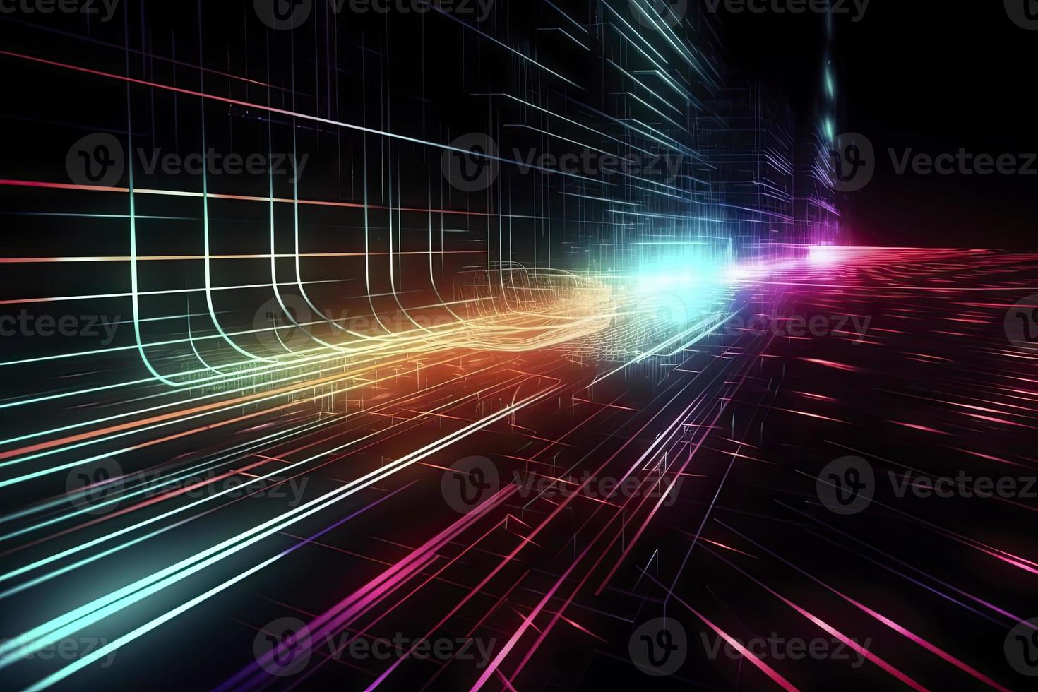 Speed of digital lights, neon glowing rays. Futuristic technology abstract background with lines for network, big data, data center, server, internet photo