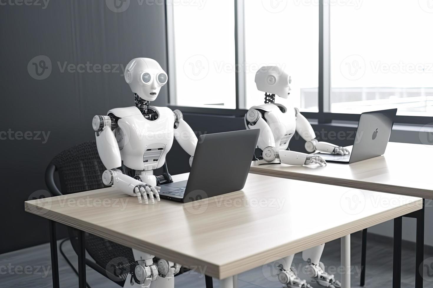 AI robots meeting and working on laptop on table in office photo