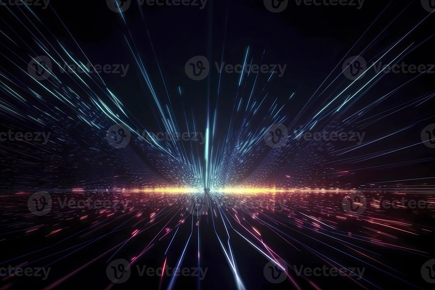 Speed of digital lights, neon glowing rays. Futuristic technology abstract background with lines for network, big data, data center, server, internet photo